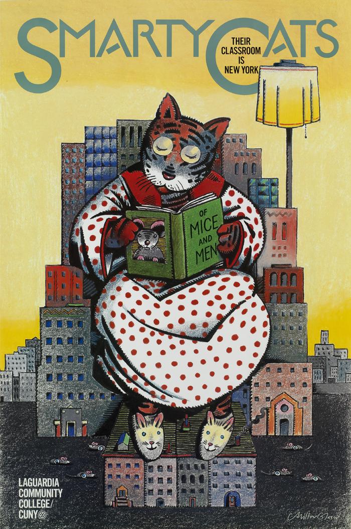 Posters depicts: Cat reading in chair made of city buildings