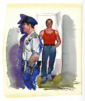 Original Art depicts: Illustration of a front view of a man in a red tank top and jeans leaning against a door in the right of the image and a side view of a policeman with his hands in his pockets looking to the left of the image on the left.