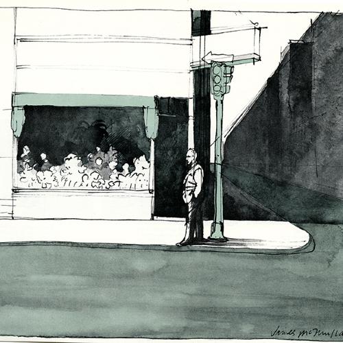 Serial Publications depicts: Loose sketch of a man in side view facing the left on an empty street corner leaning against a traffic light post. There is a store front to the right of the man.