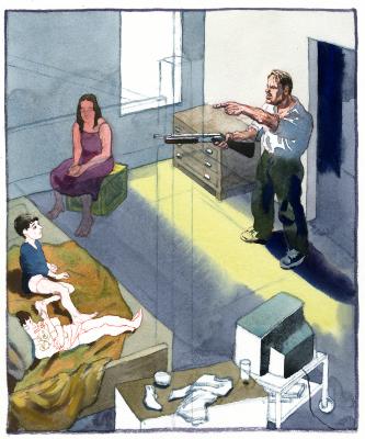 Original Art depicts: Sketch of a birds eye view of a living room with a man on the right pointing his finger and a rifle at a boy sitting in the left. There is another child sitting next to the boy and a woman sitting on a box to the side.