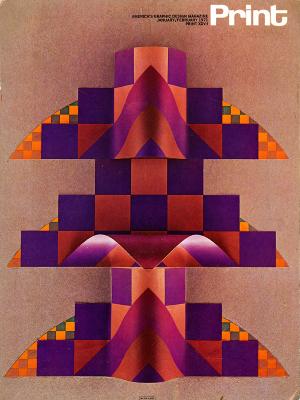 Serial Publications depicts: paper sculpture of three triangular 3-D shapes covered with an Art Deco design of purple and gold boxes.