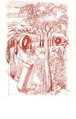 Original Art, Posters depicts: Large 3-D number one and two zeros rolling through a road in the Italian countryside.