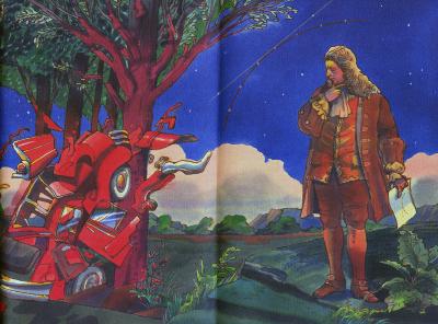 Booklet/Brochure depicts: colonial era man looking at crashed car