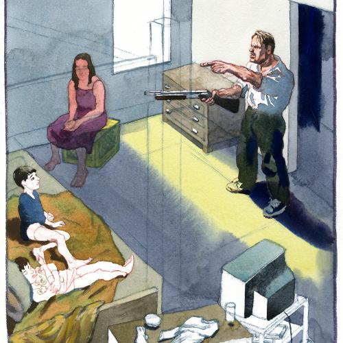 Original Art depicts: Sketch of a birds eye view of a living room with a man on the right pointing his finger and a rifle at a boy sitting in the left. There is another child sitting next to the boy and a woman sitting on a box to the side.