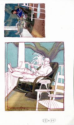 Original Art depicts: Two illustrations, one larger on the bottom and one smaller, on the top rotated 90 degrees counterclockwise of the same illustration, with the smaller one being colored. They are of a side view of a man sitting on a fancy rocking chair on a porch with his feet propped up on a railing reading a book. There a second more plain rocking chair in the foreground and trees in the background, as well as a small table with another book on it next to the rocking chair the man is sitting in.