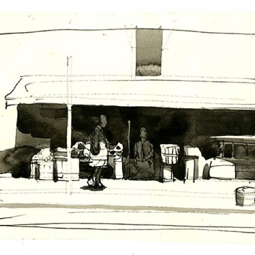 Original Art depicts: Loose sketch of a person in side view in the middle left of the image walking down a street and passing by a store front with a front view of another person in the middle of the storefront. There is a trashcan on the street to the right of the image.