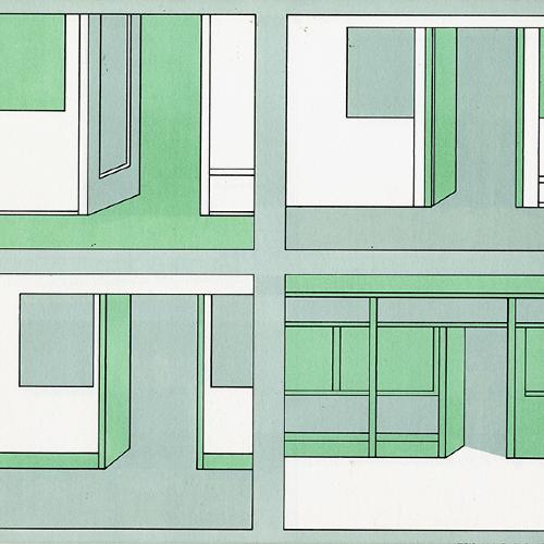 Serial Publications depicts: Four illustrations arranged in a 2x2 square, each containing a different drawing of a storefront that is drawn entirely with perfect rectangles. There doors to all the storefronts are open and the image is only drawn with light grey, light green, and white.