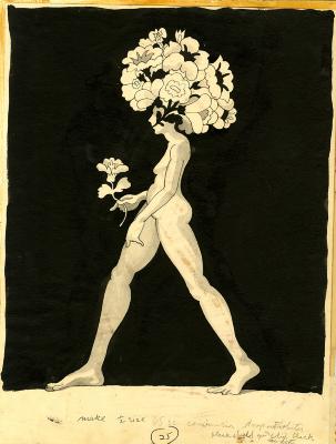 Original Art, Posters depicts: Black ink drawing of walking female nude with hair made of flowers.