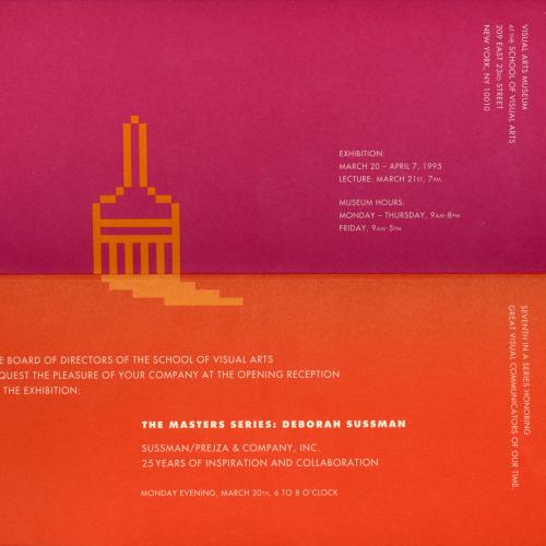 Announcements and invitations depicts: Back of announcement card for Deborah Sussman Masters Series exhibition, with exhibition details