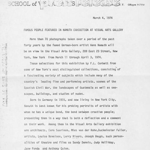 Press Releases depicts: Typewritten document describing exhibition