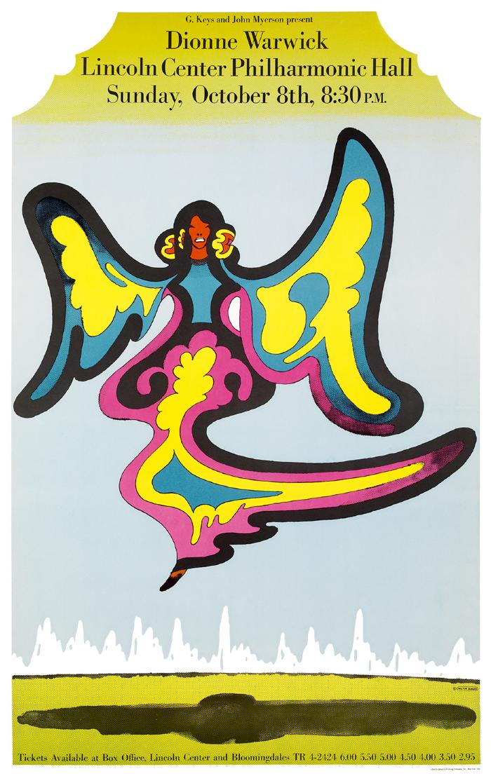 Posters depicts: Fanciful drawing of Dionne Warwick hovering over the ground with colorful wings.