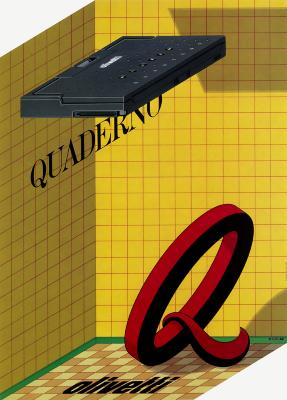Posters depicts: The letter Q and a floating laptop in the corner of a gridded space.