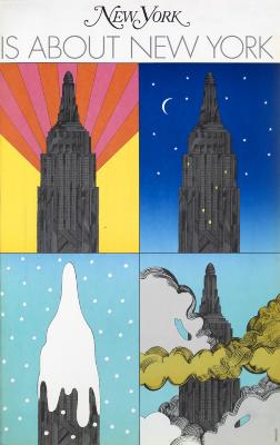 Posters depicts: Four boxes with a drawing of the Chrysler building in sunlight, at night, covered in snow, and covered by clouds.