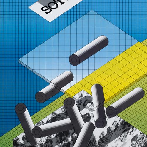 Posters depicts: three-dimensional drawing of glass topped marble table blowing apart with posts flying in the air, on top of a grid