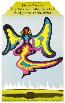 Posters depicts: Fanciful drawing of Dionne Warwick hovering over the ground with colorful wings.