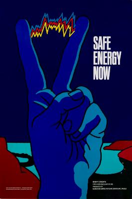 Posters depicts: Drawing of blue hand holding up two fingers. In between the fingers are colorful lightning bolts.