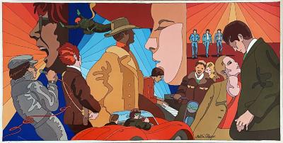 Posters depicts: Psychedelic drawing of overlapping figures including a band, a couple, and two people in a convertible.