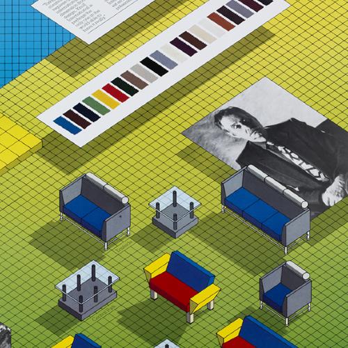 Posters depicts: three-dimensional illustrations of modular chairs and tables on top of a grid.