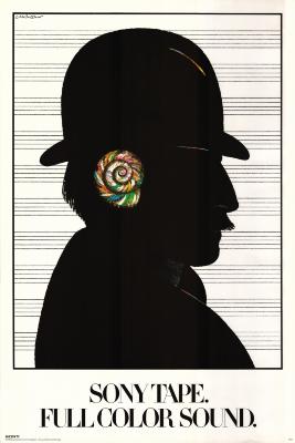 Posters depicts: Silhouette of a man with a bowler hat and mustache with a colorful shell in place of his ear. He's in front of music staff lines.