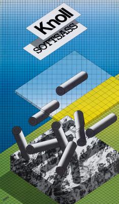 Posters depicts: three-dimensional drawing of glass topped marble table blowing apart with posts flying in the air, on top of a grid
