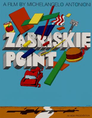 Posters depicts: Film title in three-dimensional type in front of a blue sky with objects that represent America surrounding the type, including a hamburger, a car, and a can of tomatoes.