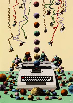 Posters depicts: Electric typewriter surrounded by colorful balls. Streamers fall from above with small people attached.