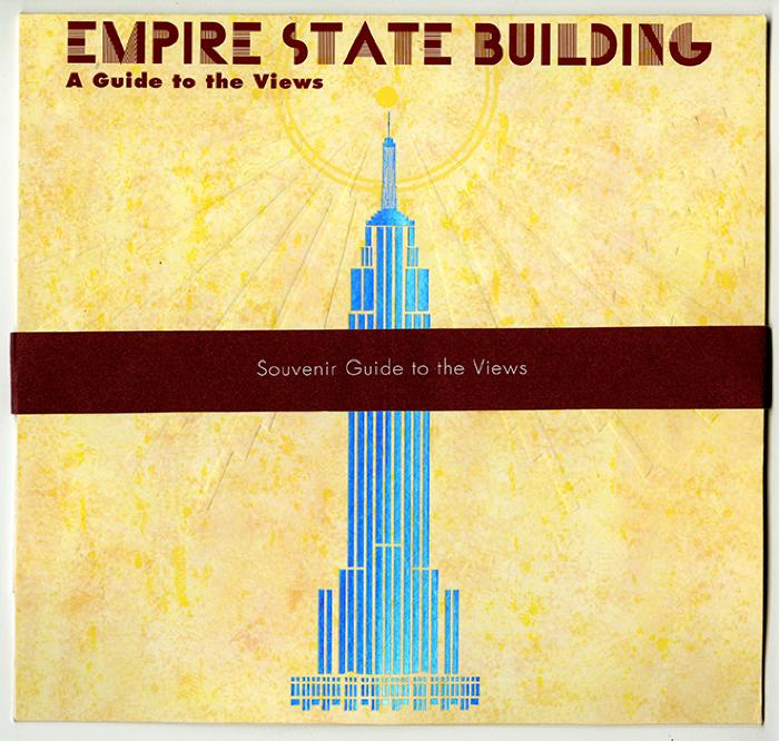Booklet/Brochure depicts: Minimalist illustration of a blue Empire State Building, a shining sun is right above the tip of the building 