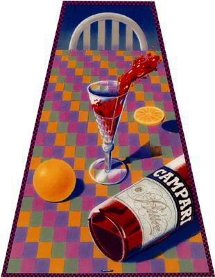 Posters depicts: Triangular poster with Campari splashing out of a glass and a bottle on Campari lying down on a checkered tablecloth