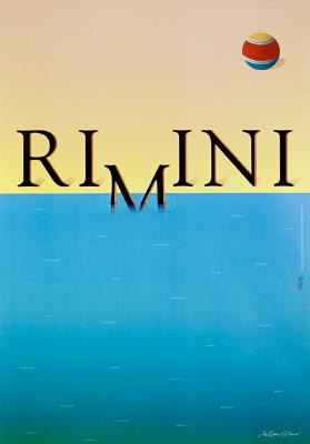 Posters depicts: Rimini spelled out just above water, with the M dipping into the water. A red, yellow and blue ball floats in the upper right corner.