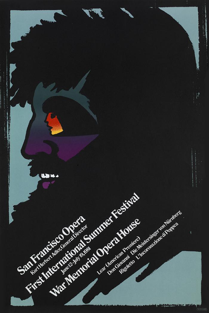 Posters depicts: Profile of man with dark hair and gradient blue to purple skin. A profile of a woman appears on his face in place of his eye.