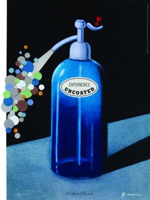 Posters depicts: Seltzer bottle spraying collaged bubbles