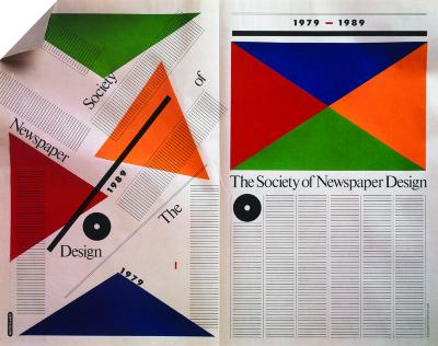Posters depicts: two page newspaper layout with lines for text and colorful triangles in place of photographs on the right. On the left, the triangle float across the page and the top corner of the paper appears to be folded.