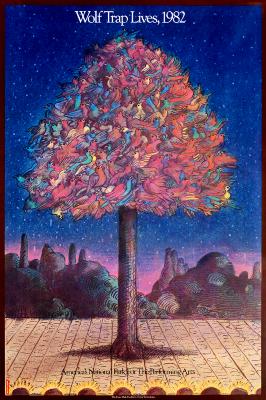 Posters depicts: Tree in a landscape withe colorful birds instead of leaves.