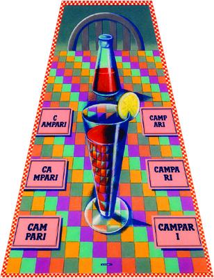 Posters depicts: Triangular poster with tall glass of Campari with lemon on a checkered tablecloth