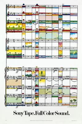 Posters depicts: Sheet music in which some measures are filled with small watercolor landscape drawings.