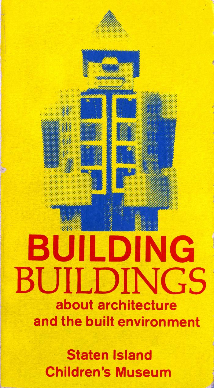 Books depicts: A toy robot that looks like a building is printed in blue ink on a yellow background 