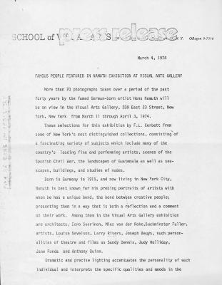 Press Releases depicts: Typewritten document describing exhibition