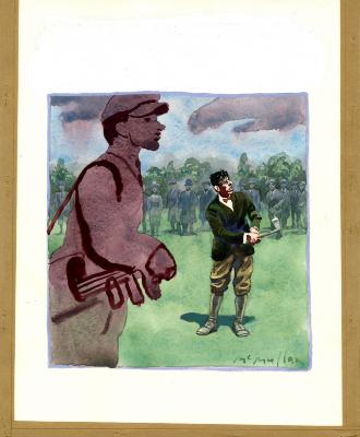 Original Art depicts: Illustration of a golfer in a green jacket swinging his club in a front view, with an audience of onlookers behind him. There is a caddy in the foreground in a side profile facing the right, but he is colored in completely red and looks unfinished compared to the rest of the drawing.