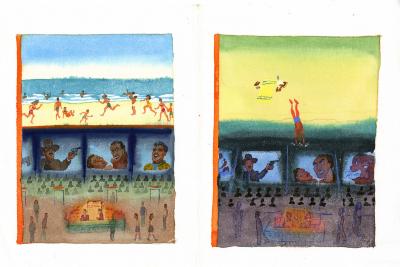 Original Art depicts: Two illustrations next to each other with both featuring a beach scene in the top half and a movie theater scene in the bottom half.  The theater scenes look nearly identical with several movies playing and a lady selling concessions, while the beach scene on the left has many people running around on the beach and the ocean in the upper part of the illustration, while the illustration on the right has only one man on the beach diving into water at the bottom of the beach scene.