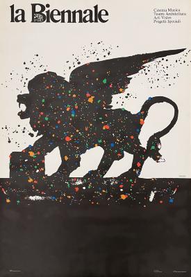 Posters depicts: Silhouette of a winged lion covered by spattered colors.