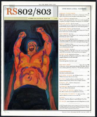 Clippings/Tearsheets depicts: Worm's eye view of a shirtless Steve Austin with his arms above his head and in blue jeans. The illustration has bright colors and is slightly abstract, with text above and to the right of it.