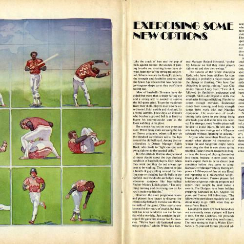 Serial Publications depicts: The illustration has nine men in baseball uniforms on grass in a 3x3 grid each in different stretching positions and separated by the squares of a net. There is text to the right of the illustration and a smaller illustration of a man in baseball attire standing in a side view with his hands clasped together in the front and looking to the right side of the image.