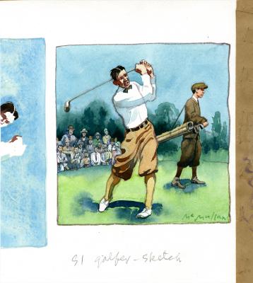 Original Art depicts: A man in a front shot swinging a golf club and a caddy holding golf clubs in a side view behind him. There is an audience of about 15 people to the left of the image in the distance and trees in the background.