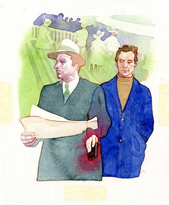Original Art depicts: Well dressed man holding a large piece of paper and looking to the left. There is a man behind him in blue to the right of the image who is reaching into the well dressed man's pocket  to steal his wallet, with the well dressed man's coat pocket being see-through to the audience can see the wallet being stolen.