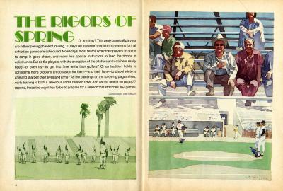 Serial Publications depicts: Illustration on the left of many men in baseball uniforms stretching in a field. The illustration on the right has several old men on the bleachers smiling and below several men playing baseball on a baseball field.
