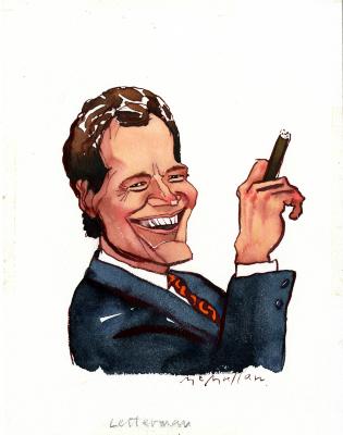 Original Art depicts: Caricature of David Letterman in a side view bust with his head turned to a front view. He is wearing. suit with an orange tie and holding up a cigar in his right hand.