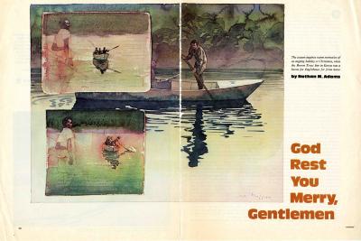 Clippings/Tearsheets depicts: Two illustrations of a woman with a dark skin tone holding a rifle behind her back watching several men rowing a boat in the water. These two illustrations are on top of a larger illustration of two men rowing a boat on the water in profile, with text to the right of the illustration.