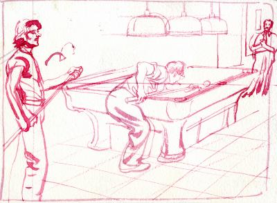 Original Art depicts: Sketch of a man bent over a pool table in a three quarters view with his back to the viewer. There is a man in the foreground in a side view holding a pool stick, as well as a man in the background in a front view holding a pool stick as well.