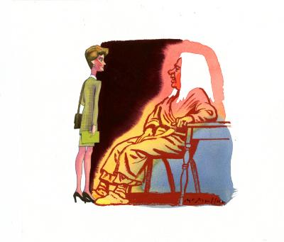 Original Art depicts:  Illustration of a side view of two women. The woman on the left is standing, and dressed in green business attire, with the woman on the right sitting, in a yellow bathrobe and a white towel on her head.