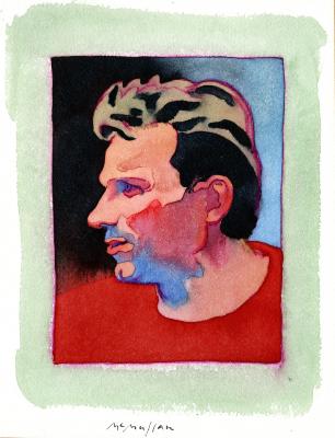 Original Art depicts: Portrait of Joe Montana, who is in a side profile looking to the left wearing a red shirt. 